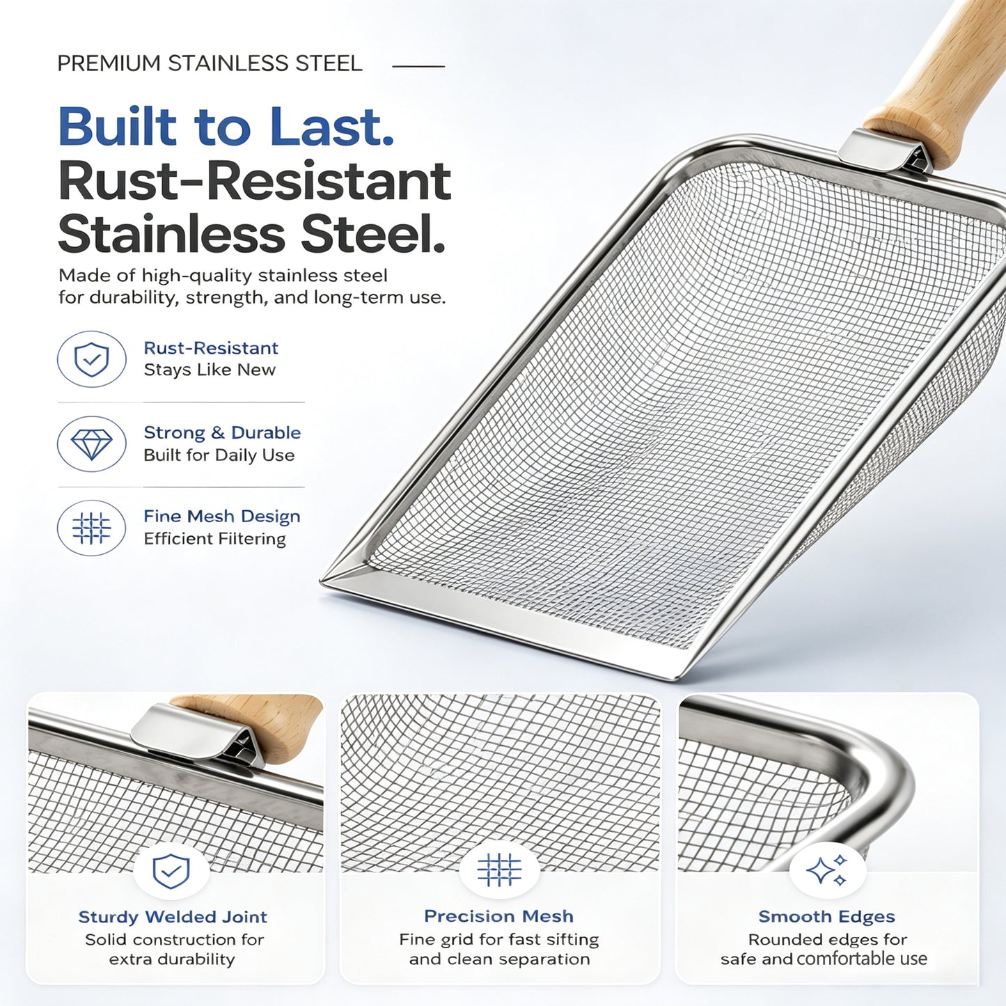 Stainless Steel Cat Litter Scoop With Fine Mesh Sifter, Durable Metal Litter Scooper With Ergonomic Wooden Handle, Heavy Duty Kitty Litter Shovel For Easy Cleaning