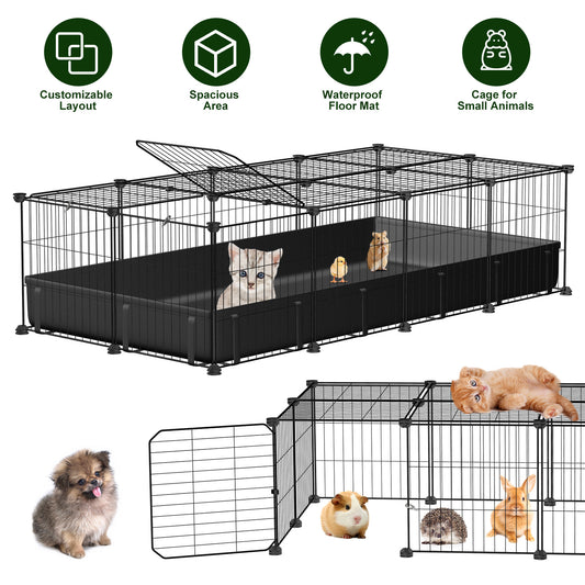 47x24x12IN Guinea Pig Cage Small Animal Playpen DIY Metal Pet Enclosure With 20 Panels Waterproof Floor Mat For Hedgehogs Chickens Ducklings Rabbits Hamsters