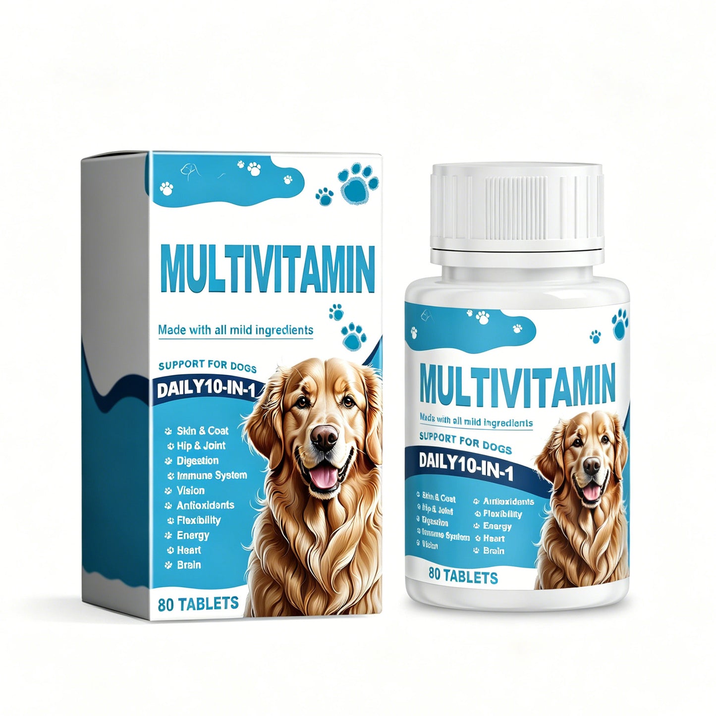 Dog Multivitamin Tablets, Daily Nutritional Supplement For Dogs, Supports Skin Coat, Joint, Digestion, Immune & Vision Health, 80 Chewable Tablets