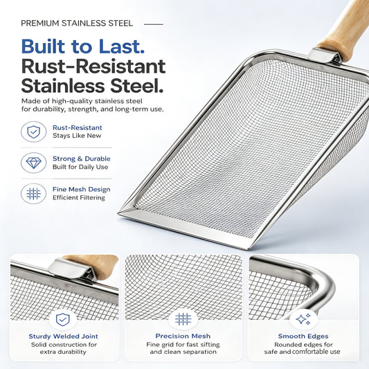 Stainless Steel Cat Litter Scoop With Fine Mesh Sifter, Durable Metal Litter Scooper With Ergonomic Wooden Handle, Heavy Duty Kitty Litter Shovel For Easy Cleaning