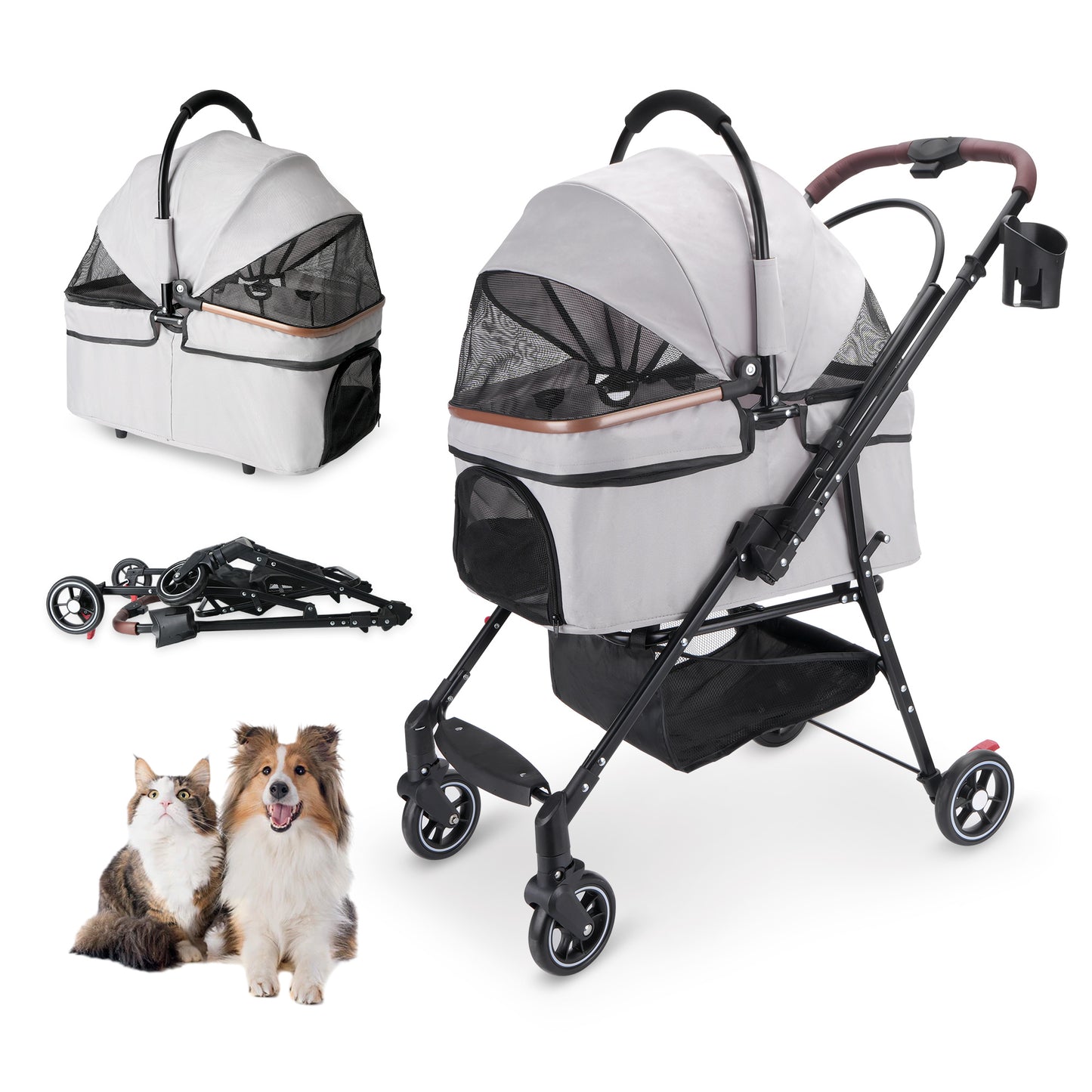 4-Wheel Foldable Pet Stroller for Dogs & Cats  360 Rotating Wheels, Separable Carrier & Travel Bag for Small Animals